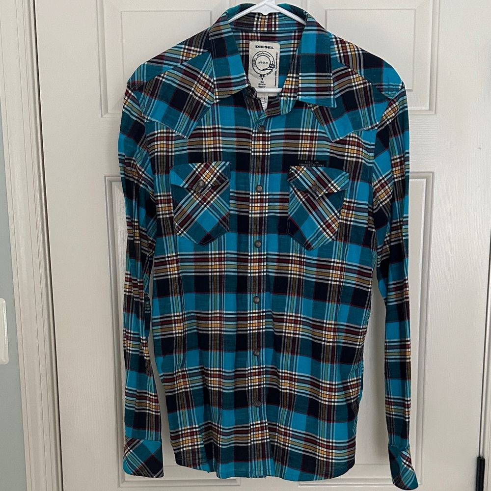 Diesel Men's Blue and Black Plaid Shirt